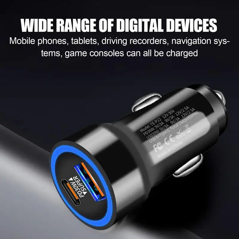 Car Phone Fast Charger with Type A and Type C Connectivity