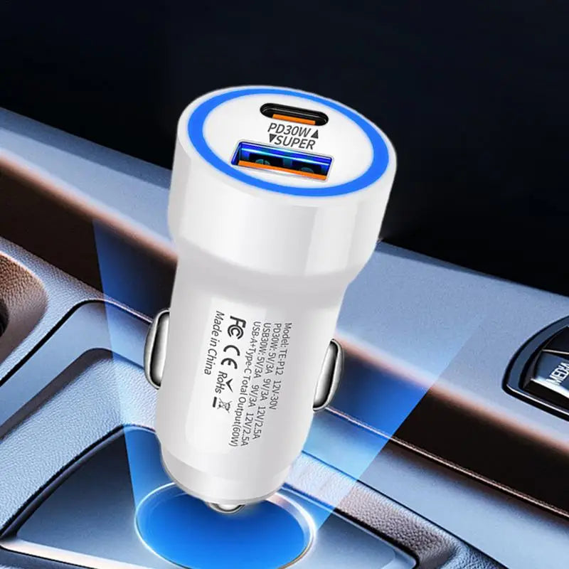 Car Phone Fast Charger with Type A and Type C Connectivity
